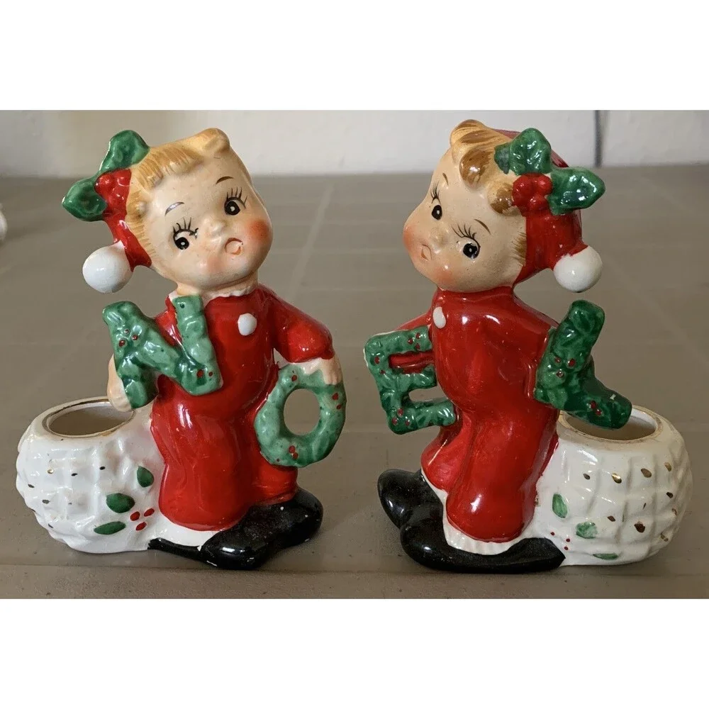 Commodore Japan 1950s NOEL Pajama Kids Candle Stick Holders Christmas Figurines